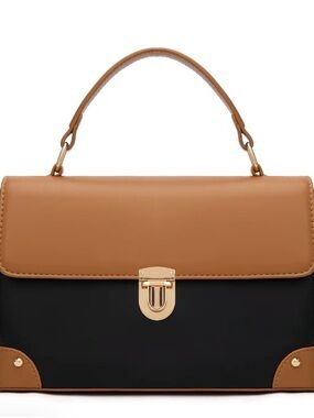Two-Tone Tan & Black Top-Handle Satchel with Gold Hardware
